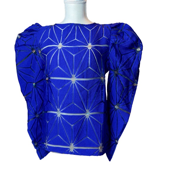 #A042 Nancy Romantic Royal Blue Sheer Mesh Geometric Top NWT XL - Picture 3 of 12